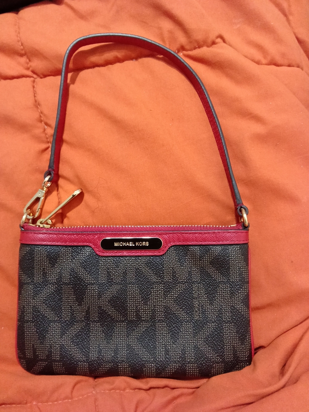Michael Kors Brown Logo Mini Wristlet with Red Trim